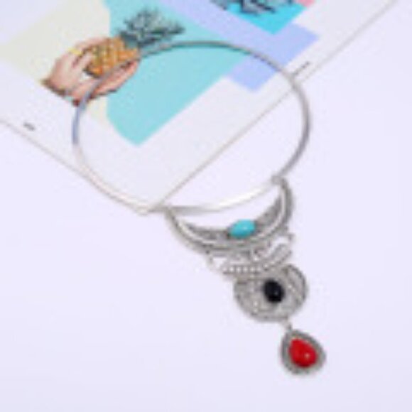 #046 Multi-layer Vintage Faux Turquoise With Diamonds Bohemian Necklace - Picture 2 of 5